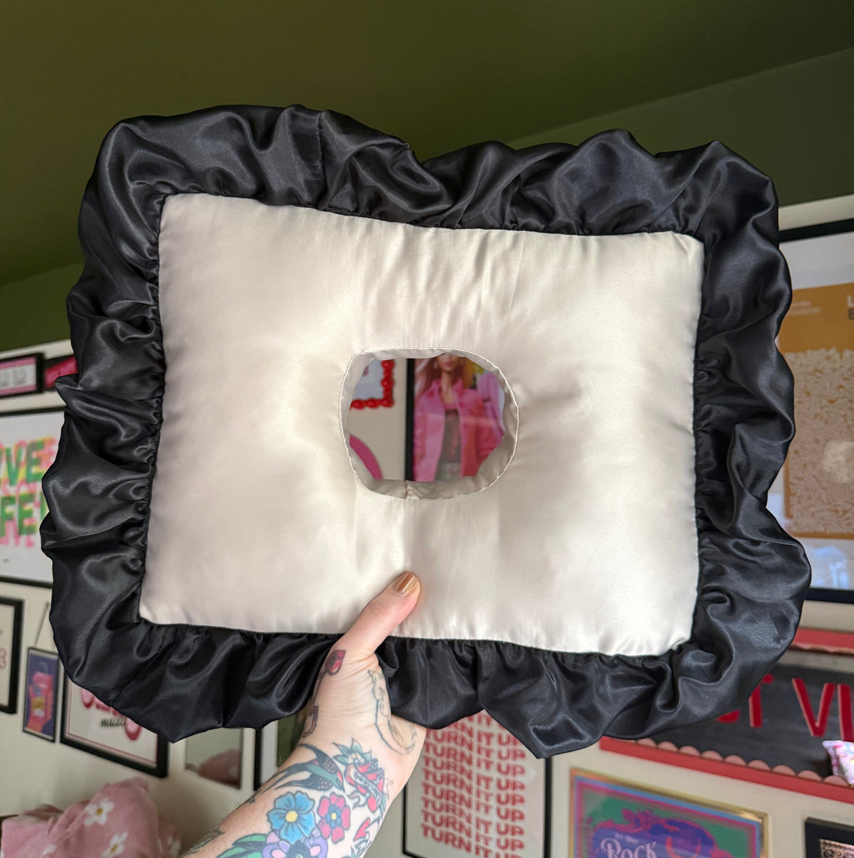 Luxury Large Champagne/Black Satin Frilled Cushion
