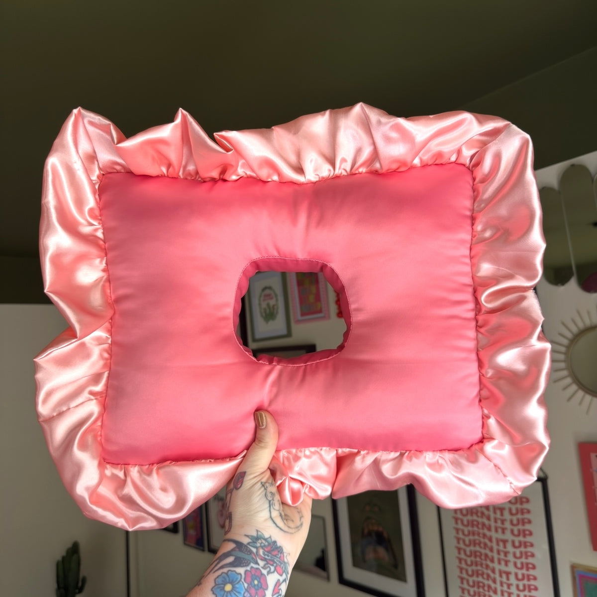 Large Luxury Coral Frilled Satin Cushion
