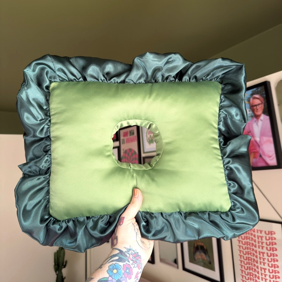 Large Luxury Olive Green/Bottle Green Frilled Satin Cushion