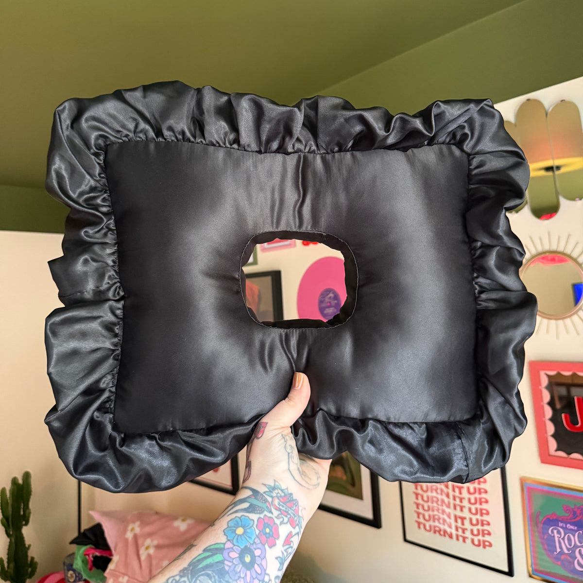 Luxury Large Black Satin Frilled Cushion