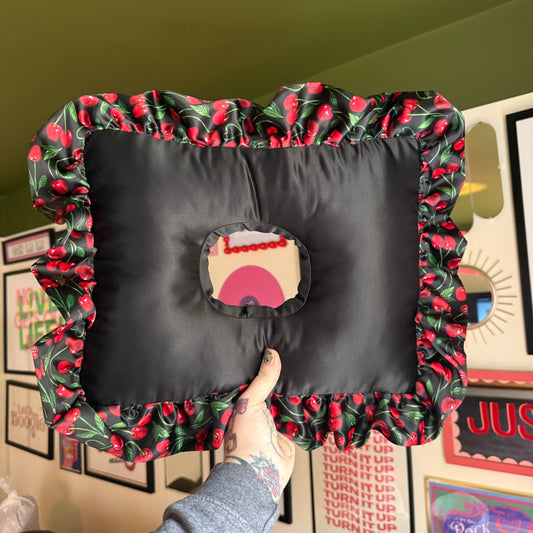 Large Luxury Black/Cherry Frilled Satin Cushion