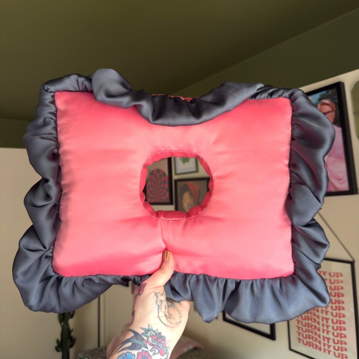 Large Luxury Coral/Charcoal Frilled Satin Cushion