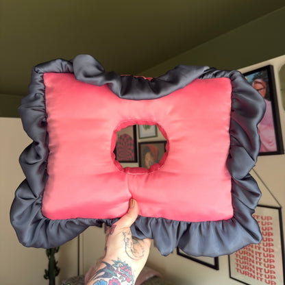 Large Luxury Coral/Charcoal Frilled Satin Cushion