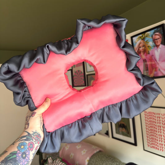 Large Luxury Coral/Charcoal Frilled Satin Cushion