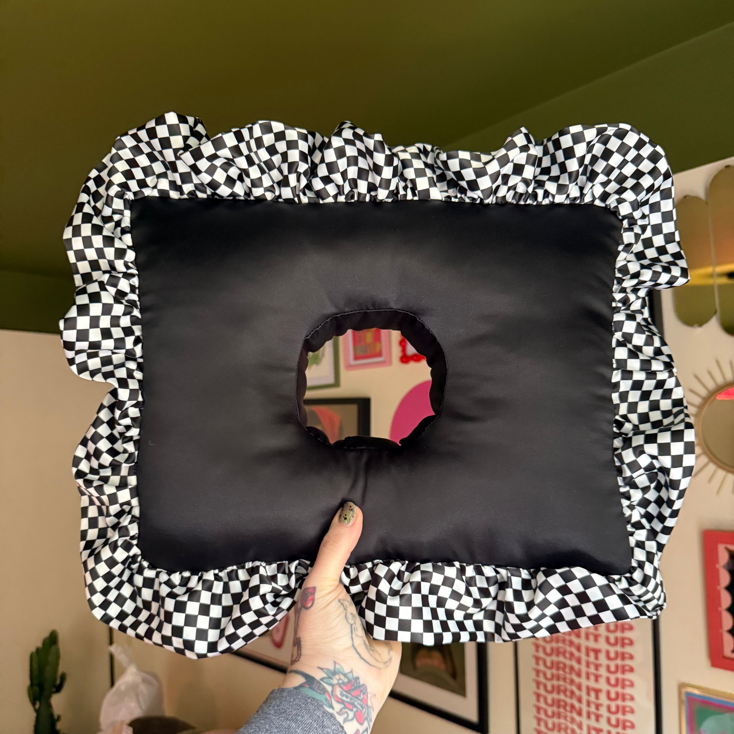 Large Luxury Black/Checkerboard Frilled Satin Cushion