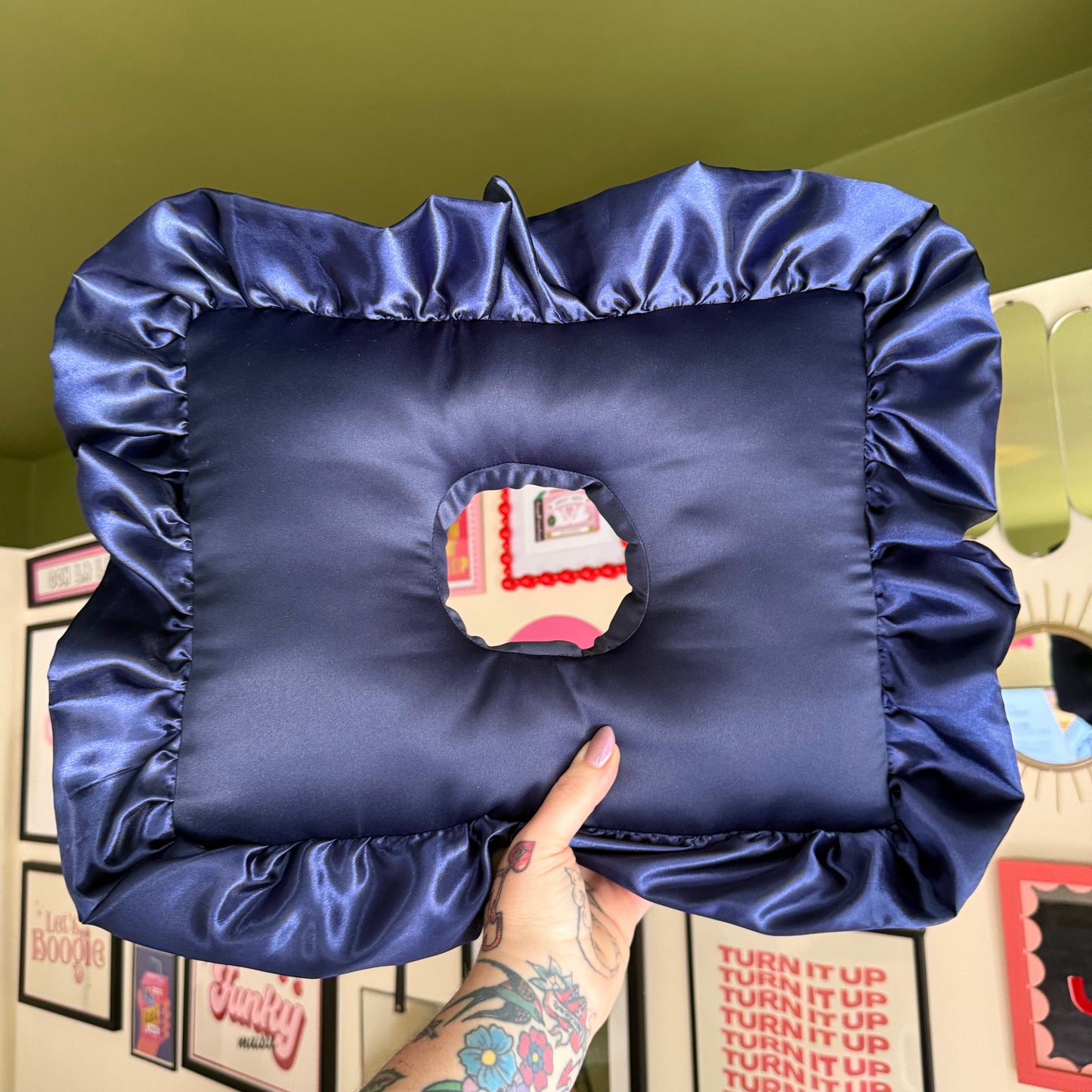 Luxury Large Navy Satin Frilled Cushion