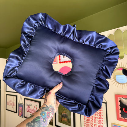 Luxury Large Navy Satin Frilled Cushion