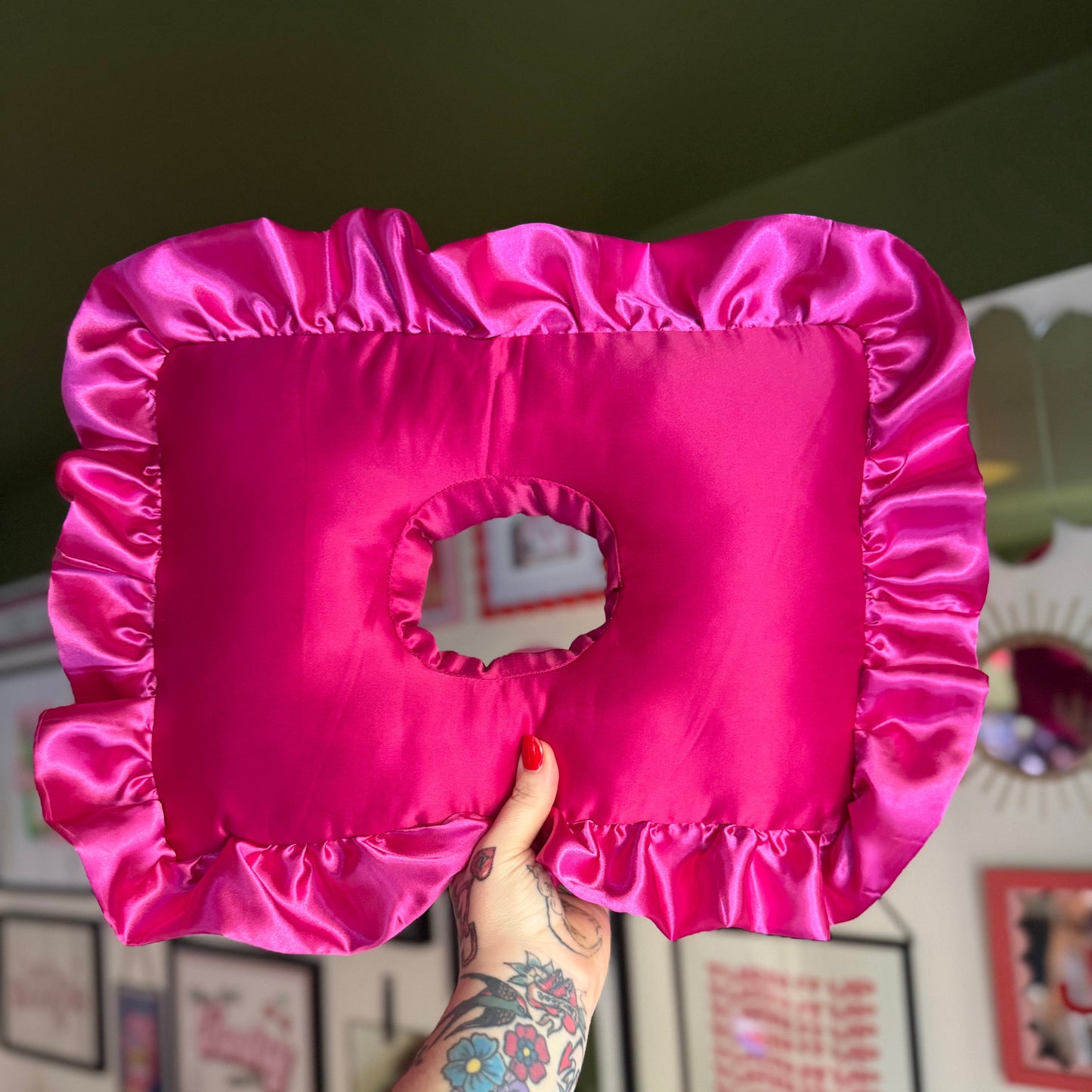 Large Luxury Hot Pink Frilled Satin Cushion
